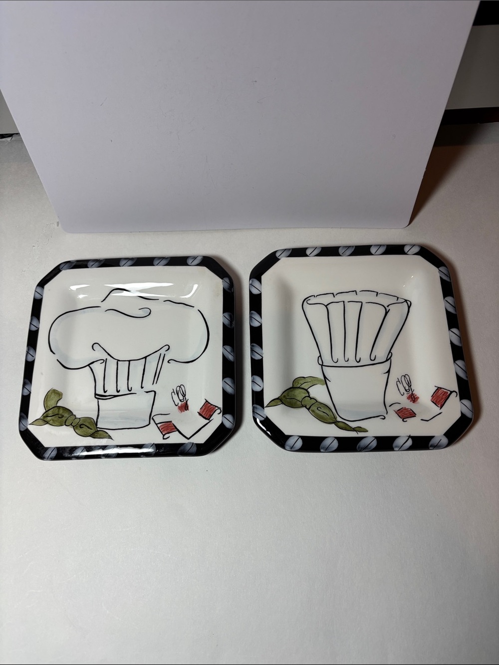 Chef Hat Ceramic Appetizer Plates in White with Black Trim